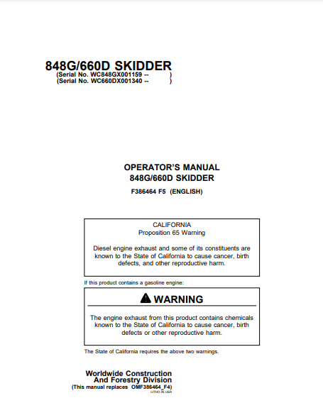 F386464 - JOHN DEERE 848G,660D (G SERIES,D SERIES) Forestry Skidders OPERATOR MANUAL