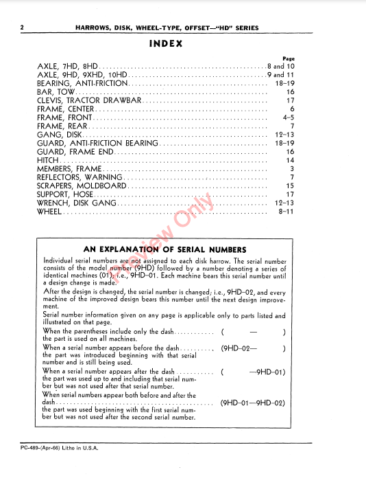 JOHN DEERE HD SERIES OFFSET WHEEL-TYPE DISK HARROWS PC489 - PARTS CATALOG MANUAL