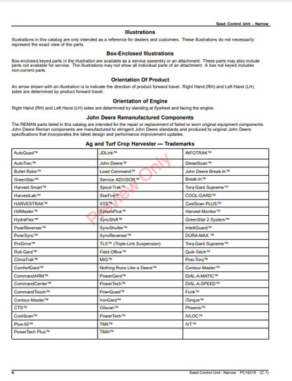 JOHN DEERE SEED CONTROL UNIT - NARROW PC16216 - PARTS CATALOG MANUAL