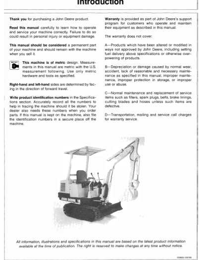 OPERATOR MANUAL - JOHN DEERE 15 (SERIES) Construction Excavators OMT83598