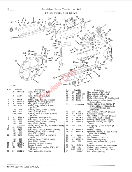 JOHN DEERE TOOLBAR FERTILIZER UNIT - 445 PC962 - PARTS CATALOG MANUAL