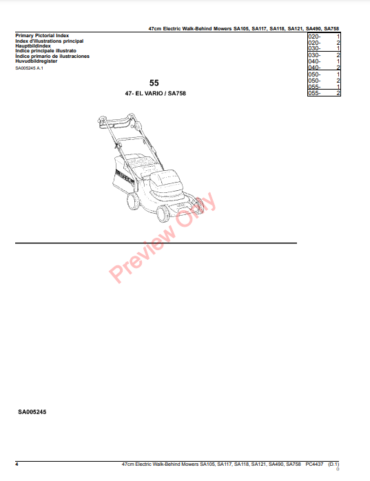 JOHN DEERE 47CM ELECTRIC WALK-BEHIND MOWERS SA105, SA117, SA118, SA121, SA490, SA758 PC4437 - PARTS CATALOG MANUAL