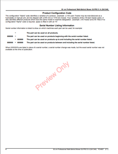 JOHN DEERE 52 CM PROFESSIONAL WALK-BEHIND MOWER 52-PRO S A (SA1349) PC4857 - PARTS CATALOG MANUAL