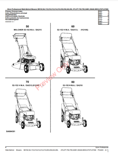 JOHN DEERE 52CM PROFESSIONAL WALK-BEHIND MOWERS 2-CYCLE ENGINE SB152, SA-115, 210, 212, 214, 215, 235, 236, 242, 252 PC4403 - PARTS CATALOG MANUAL