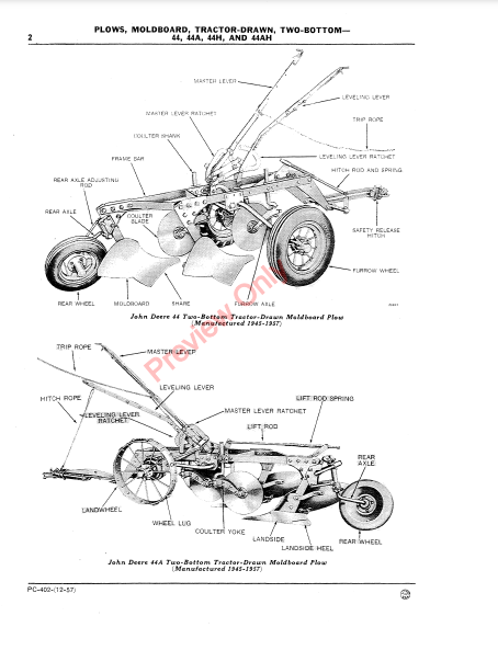 JOHN DEERE 44, 44A, 44H, 44AH TWO-BOTTOM TRACTOR-DRAWN MOLDBOARD PLOWS PC402 - PARTS CATALOG MANUAL