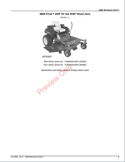 JOHN DEERE M665 MID MOUNT ZTRAK PC10384 - PARTS CATALOG MANUAL