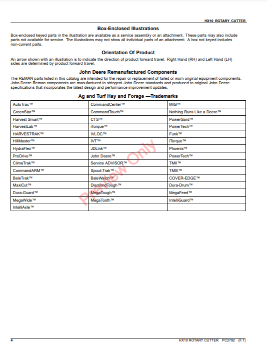 JOHN DEERE HX10 ROTARY CUTTER PC2792 - PARTS CATALOG MANUAL