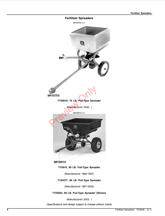 JOHN DEERE FERTILIZER SPREADERS PC2838 - PARTS CATALOG MANUAL