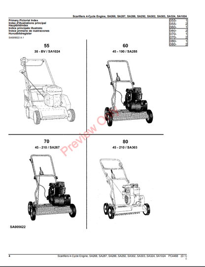 JOHN DEERE SCARIFIERS 4-CYCLE ENGINE, SA268, SA287, SA288, SA292, SA302, SA303, SA324, SA1024 PC4468 - PARTS CATALOG MANUAL