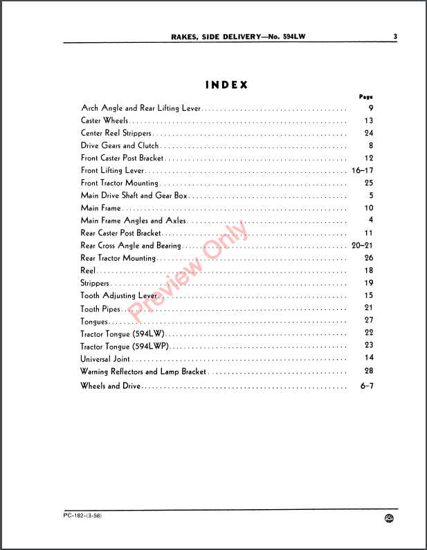 JOHN DEERE 594LW HAY RAKE, SIDE DELIVERY PC182 - PARTS CATALOG MANUAL