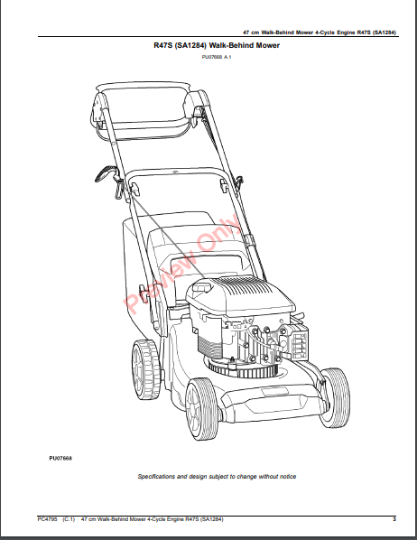 JOHN DEERE 47CM WALK-BEHIND MOWER 4-CYCLE ENGINE, R47S (SA1284) PC4795 - PARTS CATALOG MANUAL