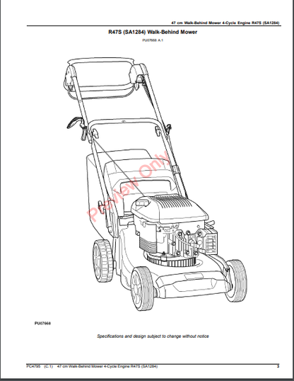 JOHN DEERE 47CM WALK-BEHIND MOWER 4-CYCLE ENGINE, R47S (SA1284) PC4795 - PARTS CATALOG MANUAL