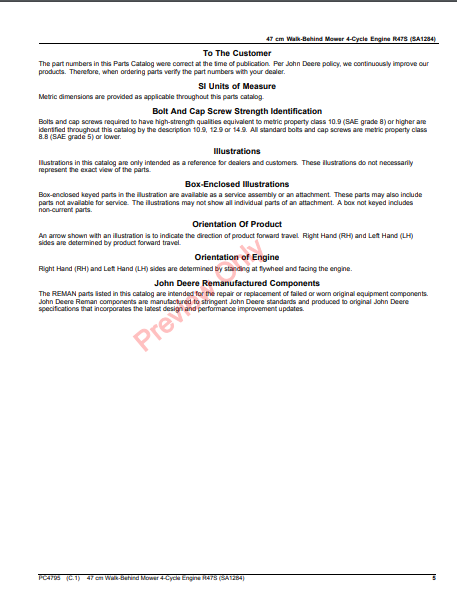 JOHN DEERE 47CM WALK-BEHIND MOWER 4-CYCLE ENGINE, R47S (SA1284) PC4795 - PARTS CATALOG MANUAL