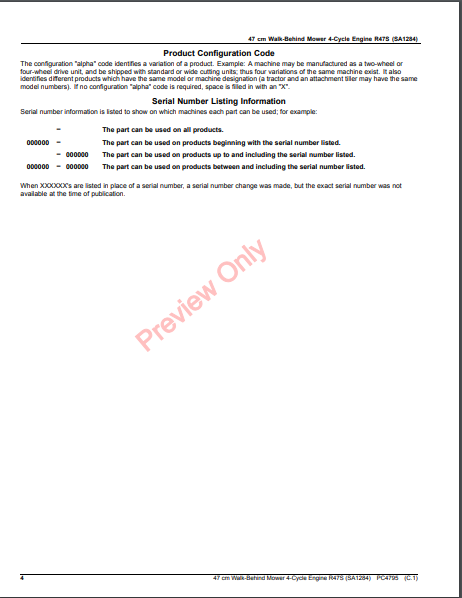 JOHN DEERE 47CM WALK-BEHIND MOWER 4-CYCLE ENGINE, R47S (SA1284) PC4795 - PARTS CATALOG MANUAL