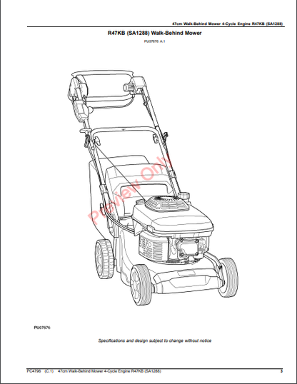 JOHN DEERE 47CM WALK-BEHIND MOWER 4-CYCLE ENGINE, R47KB (SA1288) PC4796 - PARTS CATALOG MANUAL