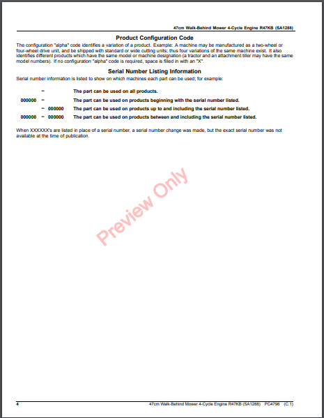 JOHN DEERE 47CM WALK-BEHIND MOWER 4-CYCLE ENGINE, R47KB (SA1288) PC4796 - PARTS CATALOG MANUAL