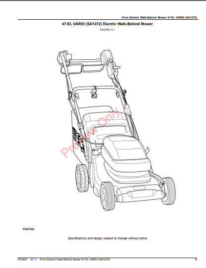 JOHN DEERE 47CM WALK-BEHIND MOWER 4-CYCLE ENGINE, 47-EL VARIO (SA1272) PC4821 - PARTS CATALOG MANUAL