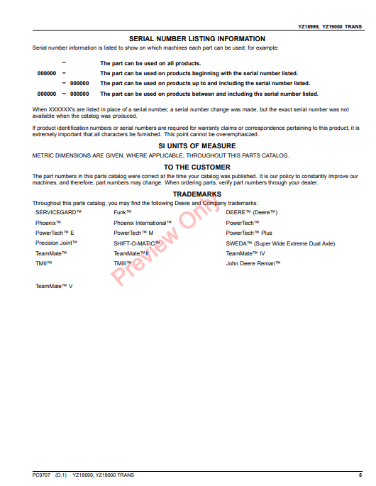 JOHN DEERE YZ18999, YZ19000 TRANSMISSION PC9707 - PARTS CATALOG MANUAL