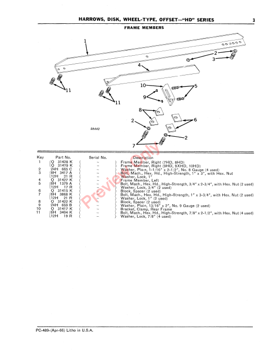 JOHN DEERE HD SERIES OFFSET WHEEL-TYPE DISK HARROWS PC489 - PARTS CATALOG MANUAL