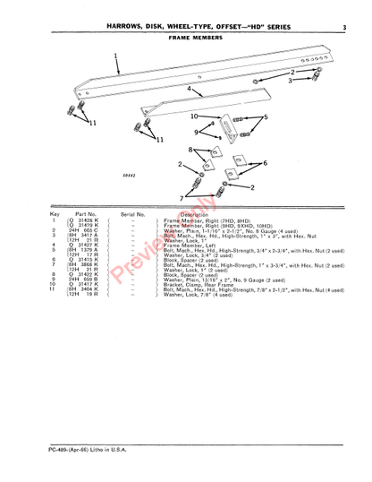 JOHN DEERE HD SERIES OFFSET WHEEL-TYPE DISK HARROWS PC489 - PARTS CATALOG MANUAL