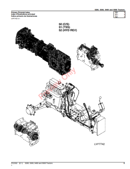 JOHN DEERE 5200, 5300, 5400 AND 5500 TRACTORS PC2332 - PARTS CATALOG MANUAL