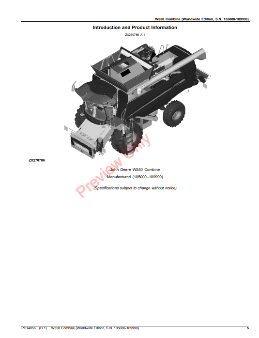 JOHN DEERE W550 COMBINE (WORLDWIDE EDITION) PC14056 - PARTS CATALOG MANUAL