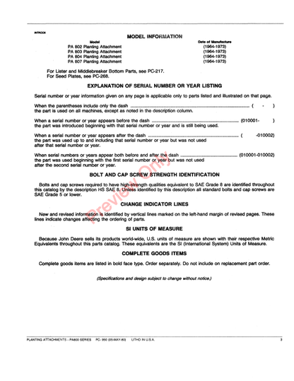 JOHN DEERE PA800 SERIES PLANTING ATTACHMENTS PC950 - PARTS CATALOG MANUAL