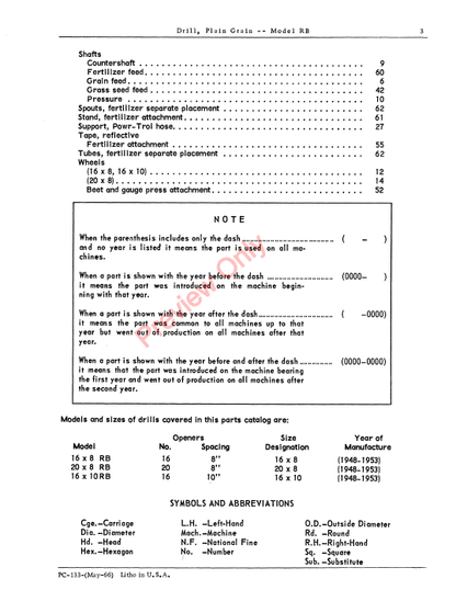 JOHN DEERE RB GRAIN DRILL PC133 - PARTS CATALOG MANUAL