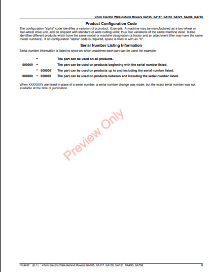 JOHN DEERE 47CM ELECTRIC WALK-BEHIND MOWERS SA105, SA117, SA118, SA121, SA490, SA758 PC4437 - PARTS CATALOG MANUAL