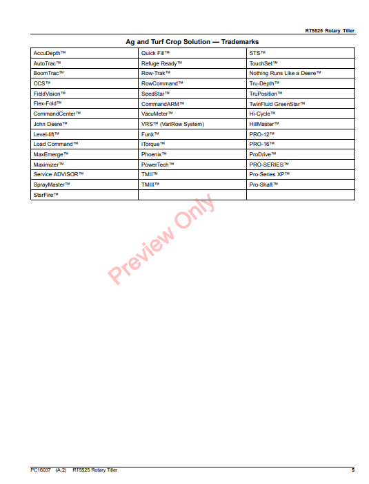 JOHN DEERE RT5525 ROTARY TILLER PC16037 - PARTS CATALOG MANUAL