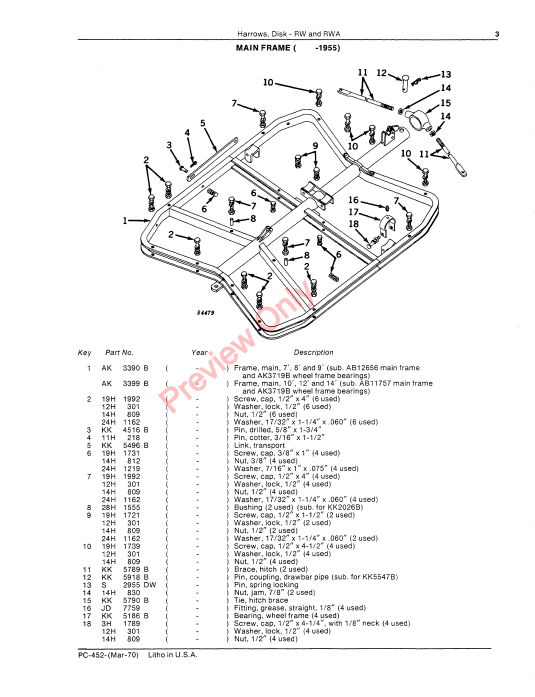 JOHN DEERE RW, RWA DISK HARROWS PC452 - PARTS CATALOG MANUAL