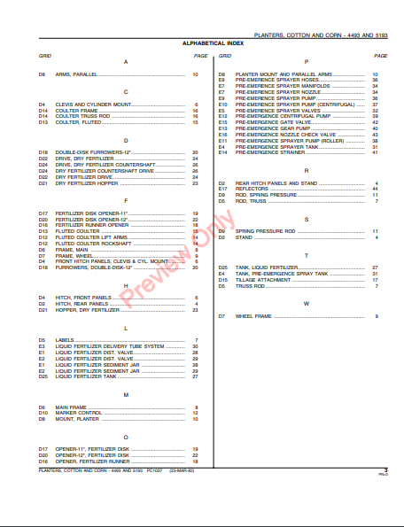 JOHN DEERE 4493, 5193 COTTON & CORN PLANTERS PC1037 - PARTS CATALOG MANUAL