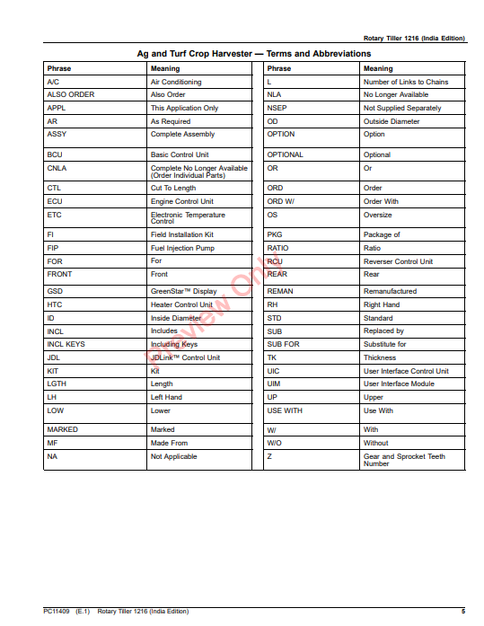 JOHN DEERE ROTARY TILLER 1216 (INDIA EDITION) PC11409 - PARTS CATALOG MANUAL