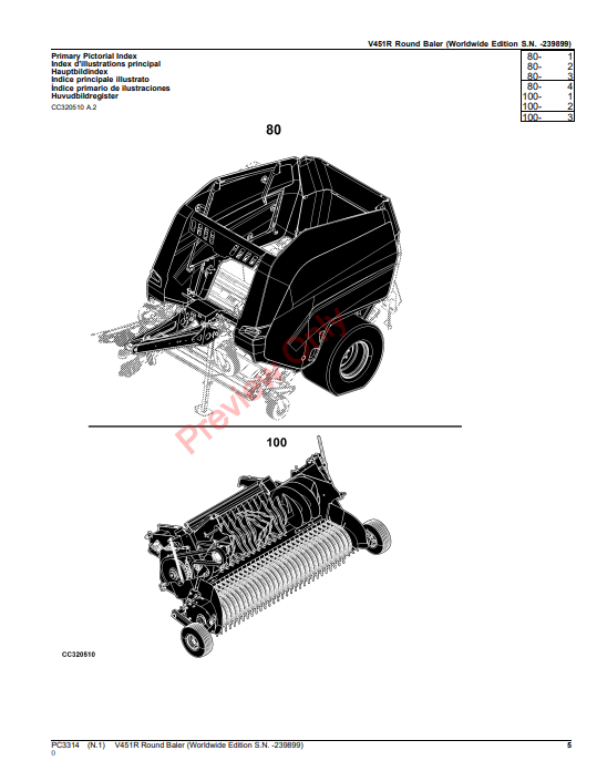 JOHN DEERE V451R ROUND BALER (WORLDWIDE EDITION) PC3314 - PARTS CATALOG MANUAL