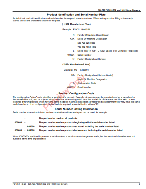 JOHN DEERE 526, 726, 732, 826, 832 AND 1032 WALK-BEHIND SNOW BLOWERS PC1250 - PARTS CATALOG MANUAL