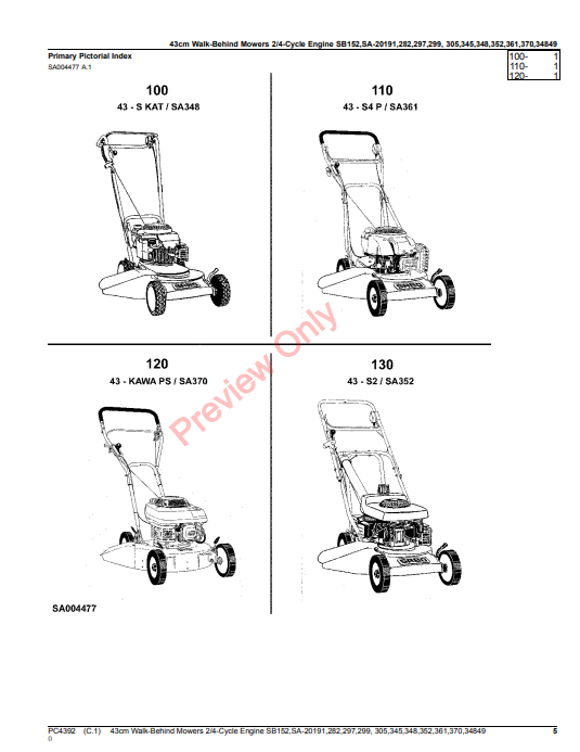 JOHN DEERE 43CM WALK-BEHIND MOWERS 2/4-CYCLE ENGINE SB152, SA20191, SA282, SA297, SA299, SA305, SA345, SA348, SA352 PC4392 - PARTS CATALOG MANUAL