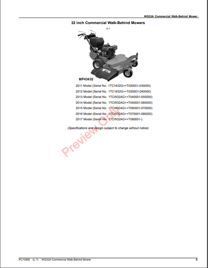 JOHN DEERE WG32A COMMERCIAL WALK-BEHIND MOWER PC10495 - PARTS CATALOG MANUAL