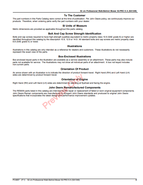 JOHN DEERE 52 CM PROFESSIONAL WALK-BEHIND MOWER 52-PRO S A (SA1349) PC4857 - PARTS CATALOG MANUAL