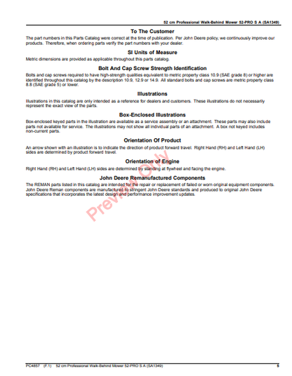 JOHN DEERE 52 CM PROFESSIONAL WALK-BEHIND MOWER 52-PRO S A (SA1349) PC4857 - PARTS CATALOG MANUAL