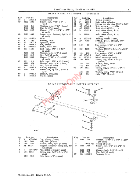 JOHN DEERE TOOLBAR FERTILIZER UNIT - 445 PC962 - PARTS CATALOG MANUAL