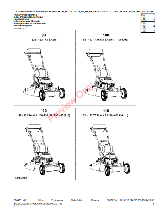 JOHN DEERE 52CM PROFESSIONAL WALK-BEHIND MOWERS 2-CYCLE ENGINE SB152, SA-115, 210, 212, 214, 215, 235, 236, 242, 252 PC4403 - PARTS CATALOG MANUAL