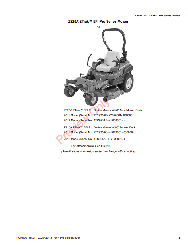 JOHN DEERE Z925A EFI ZTRAK PRO SERIES MOWER PC10876 - PARTS CATALOG MANUAL