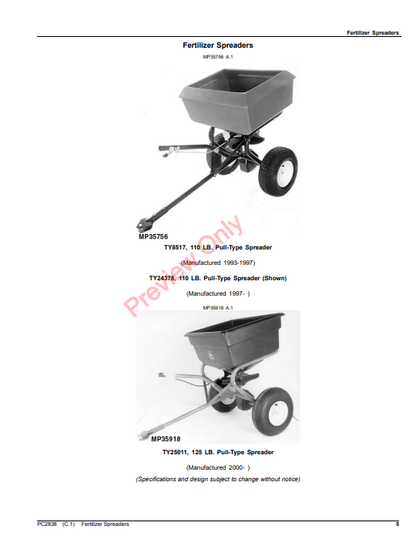 JOHN DEERE FERTILIZER SPREADERS PC2838 - PARTS CATALOG MANUAL