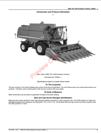 JOHN DEERE S660 STS SELF-PEOPELLED COMBINE PC12746 - PARTS CATALOG MANUAL