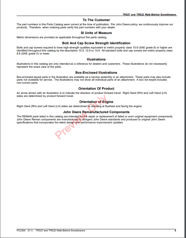 JOHN DEERE TRS27 AND TRS32 WALK-BEHIND SNOWBLOWERS PC2304 - PARTS CATALOG MANUAL
