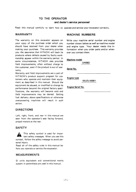 OPERATOR MANUAL - JOHN DEERE UH063 (UH-SERIES) Hitachi Excavator EM12944