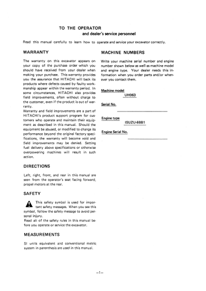 OPERATOR MANUAL - JOHN DEERE UH063 (UH-SERIES) Hitachi Excavator EM12944