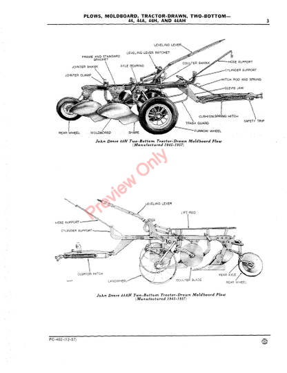 JOHN DEERE 44, 44A, 44H, 44AH TWO-BOTTOM TRACTOR-DRAWN MOLDBOARD PLOWS PC402 - PARTS CATALOG MANUAL