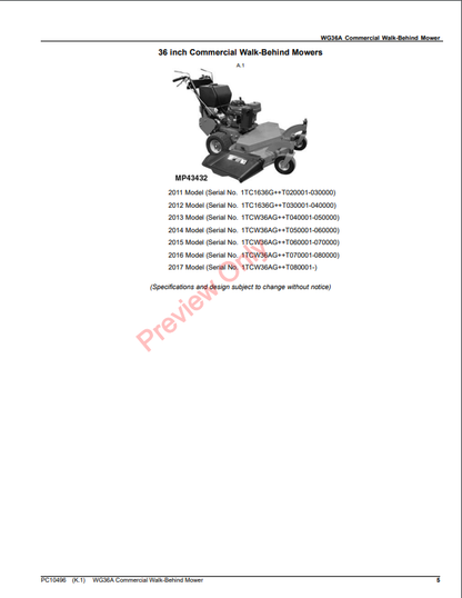 JOHN DEERE WG36A COMMERCIAL WALK-BEHIND MOWER PC10496 - PARTS CATALOG MANUAL