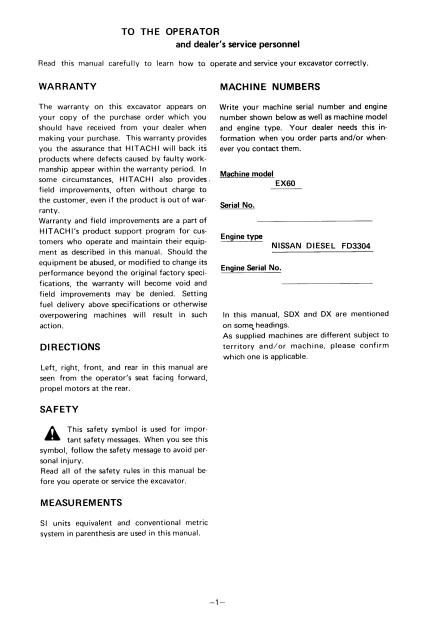 OPERATOR MANUAL - JOHN DEERE EX60 (EX-SERIES) Hitachi Excavator EM10714